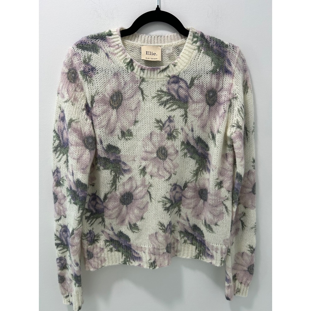 Elie Tahari Floral Mohair Wool Blend Sweater Purple Cream Large Crew Neck